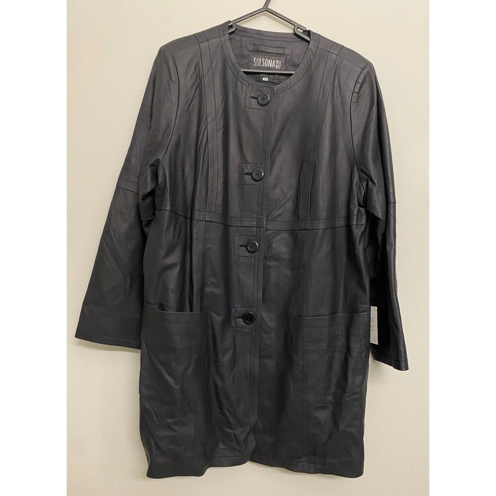 NWT Solsona Pell Spain Leather Jacket Long Coat Womens 42 Black Classic Lambskin